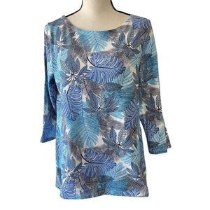 Talbots 3/4 Sleeve Boatneck Blue Aqua White Knit Top, Size M